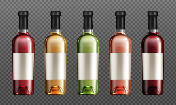 Garrafas de vidro de vinho tinto com etiqueta de papel em branco de cortiça — Vetor de Stock
