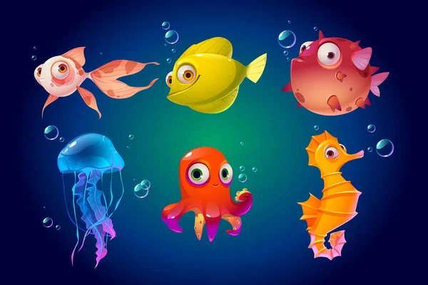 สัตว์ทะเลน่ารัก, ปลา, ปลาหมึก, แมงกะพรุน, พัฟเฟอร์ — ภาพเวกเตอร์สต็อก