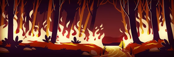 Płonący pożar w nocy, pożar w lesie — Wektor stockowy