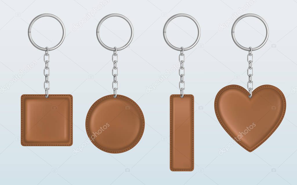 Leather keychain, holder trinket for key with metal chain and ring. Vector realistic template of brown fob for car, home or office isolated on white background. Blank accessory for corporate identity