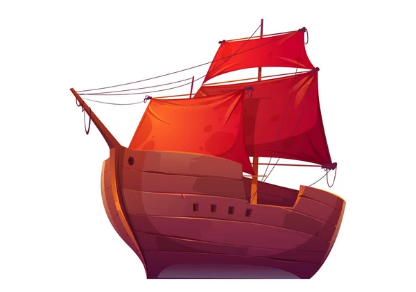 Vector wooden boat with red sails — Stock Vector