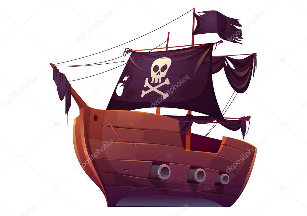 Vector wooden pirate boat with black sails