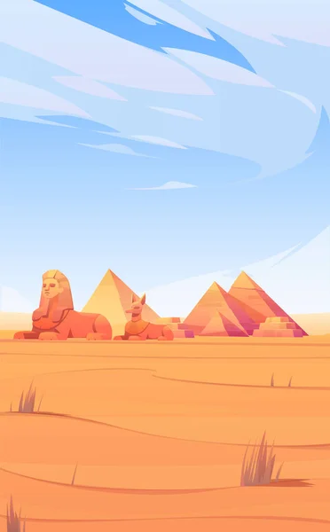 Egyptische woestijn met piramides, sfinx en Anubis — Stockvector