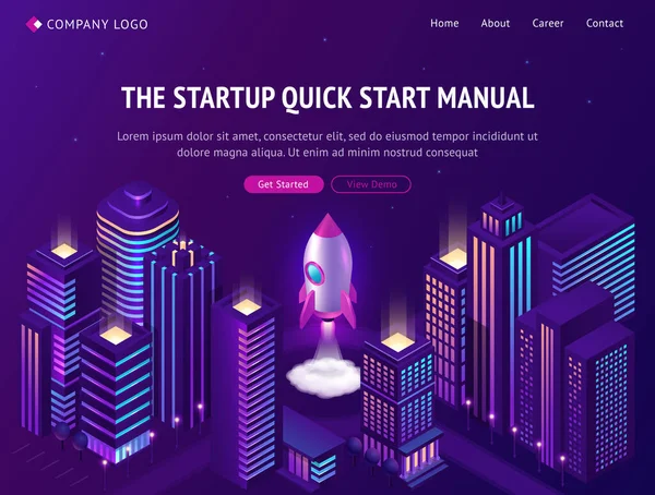 Lanzamiento de start up en smart city banner web isométrico — Vector de stock