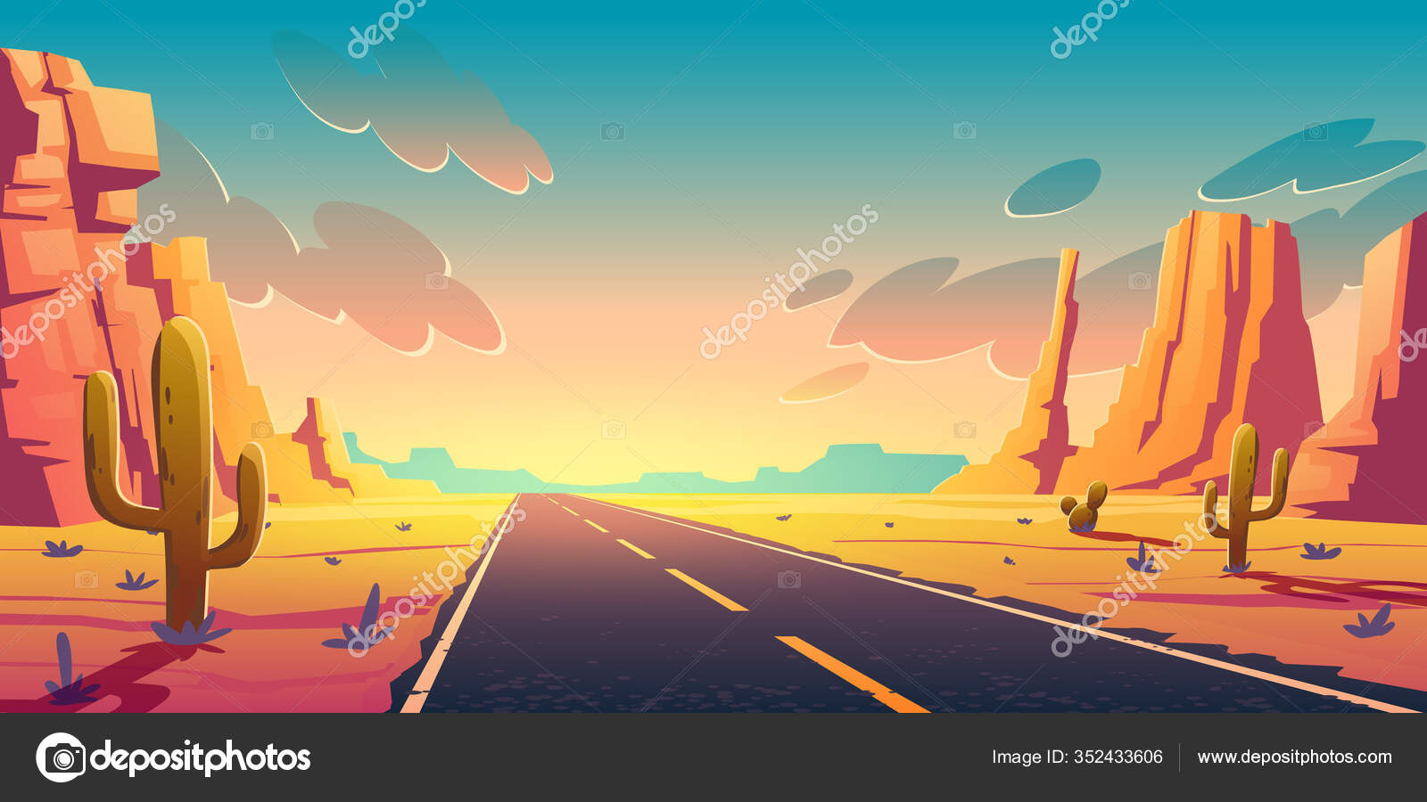 Sunset in desert with road, cactuses and rocks Stock Vector Image by