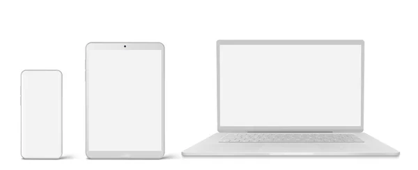 Bílý notebook, tablet a telefon s prázdnou obrazovkou — Stockový vektor