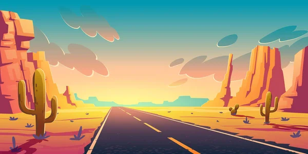 Puesta de sol en el desierto con carretera, cactus y rocas — Vector de stock