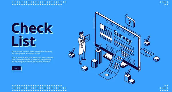 Kontrolní seznam, izometrický webový banner online průzkumu — Stockový vektor