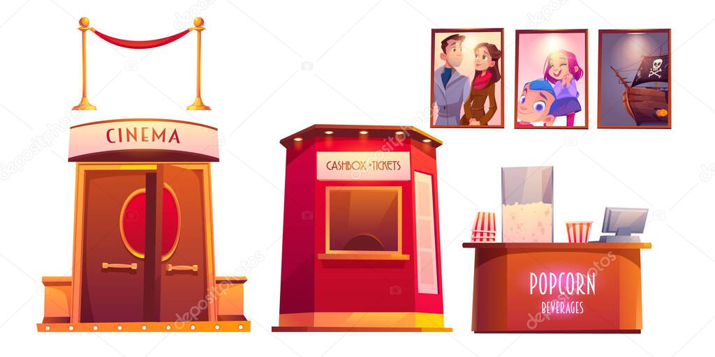 Cinema interior with cashbox and popcorn shop