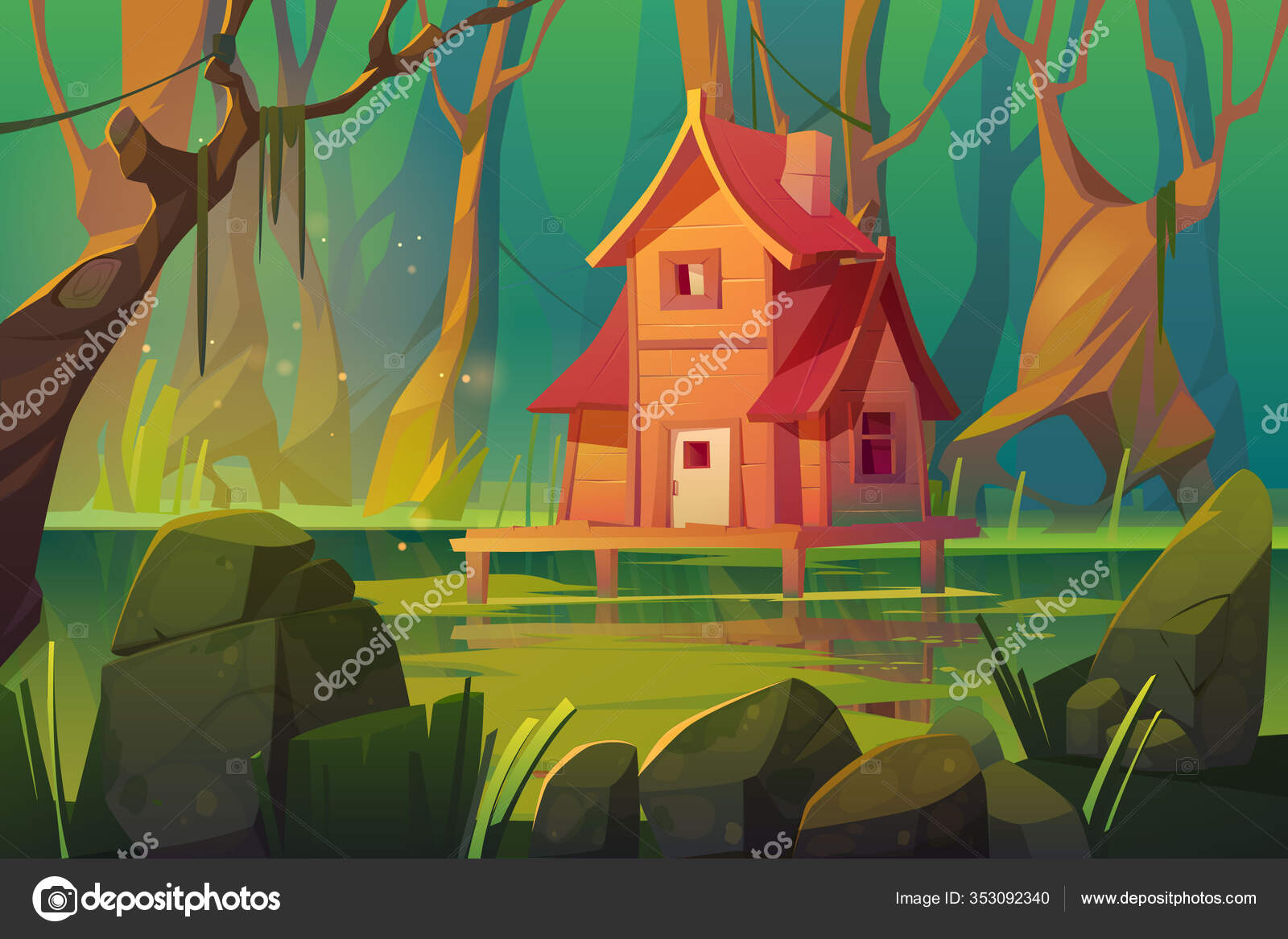 Деревянный Мистический Дом Над Болотом В Лесу Векторное.