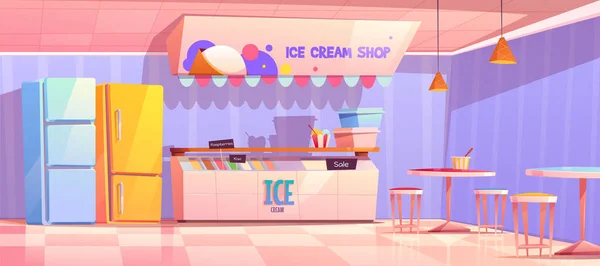 Інтер'єр магазину морозива з холодильником і столами — стоковий вектор