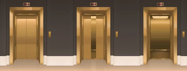 Portas de elevador douradas. Corredor do escritório com cabines de elevador —  Vetores de Stock