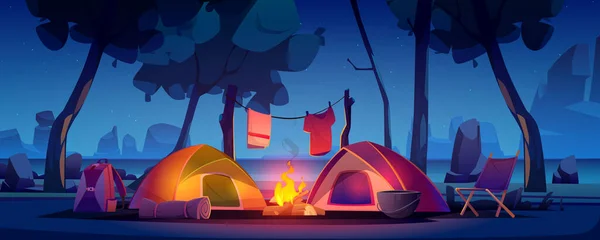 有帐篷、篝火和湖泊的夏令营 — 图库矢量图片