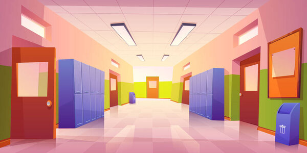 School hallway interior with doors and lockers