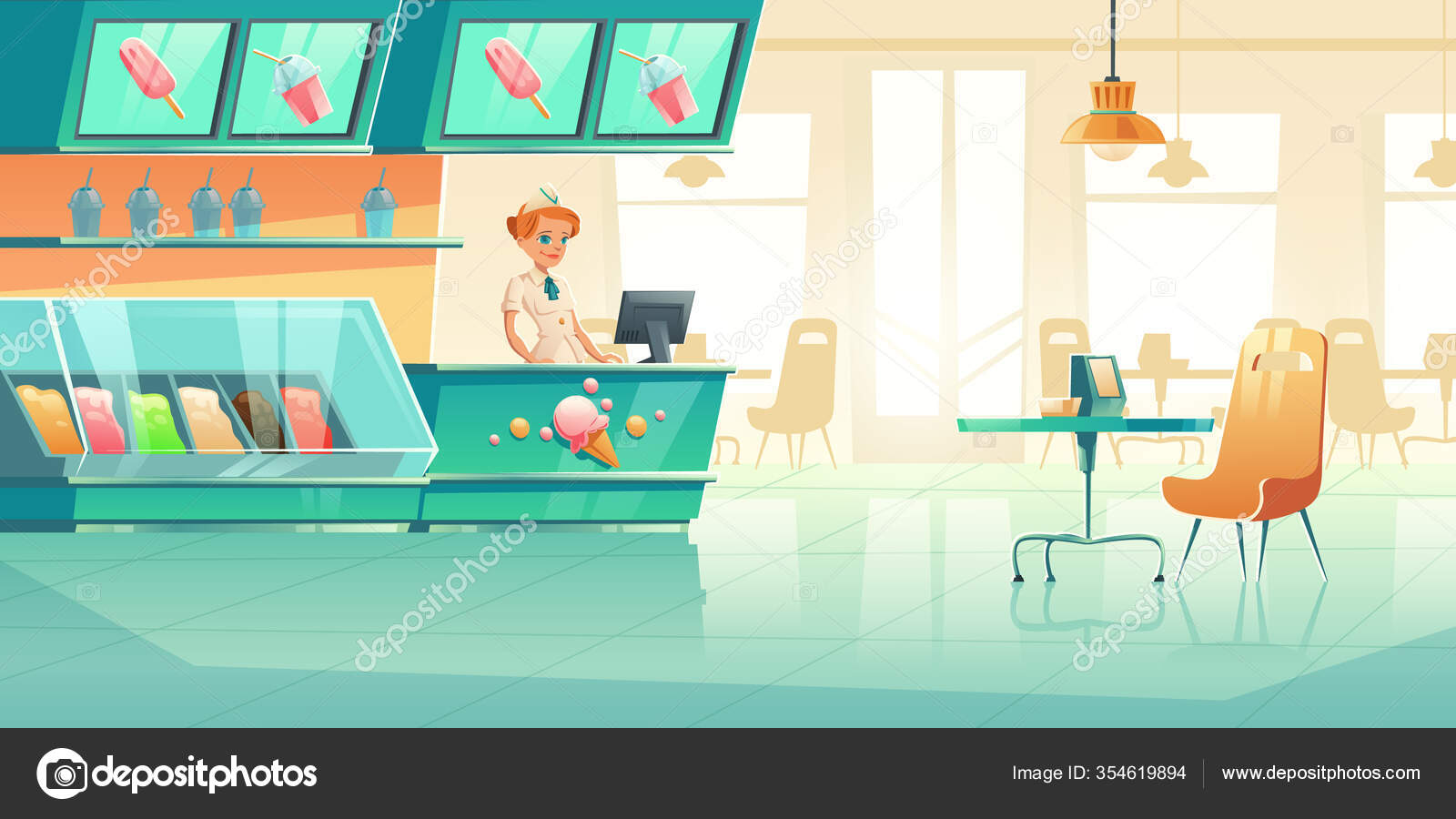 Ice cream shop interior with seller at counter Stock Vector by ©klyaksun  354619894, image size:1600x900
