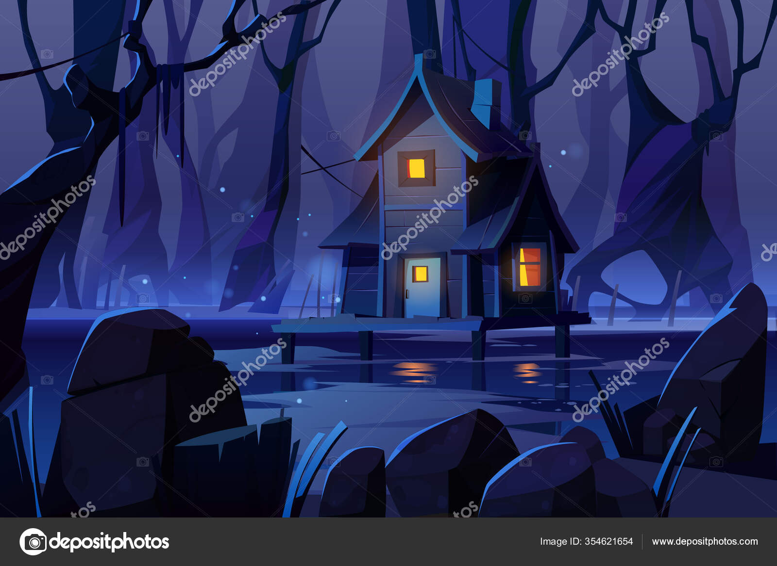 maagpijn In het algemeen Teken Wooden mystic stilt house on swamp in night forest Stock Vector Image by  ©klyaksun #354621654