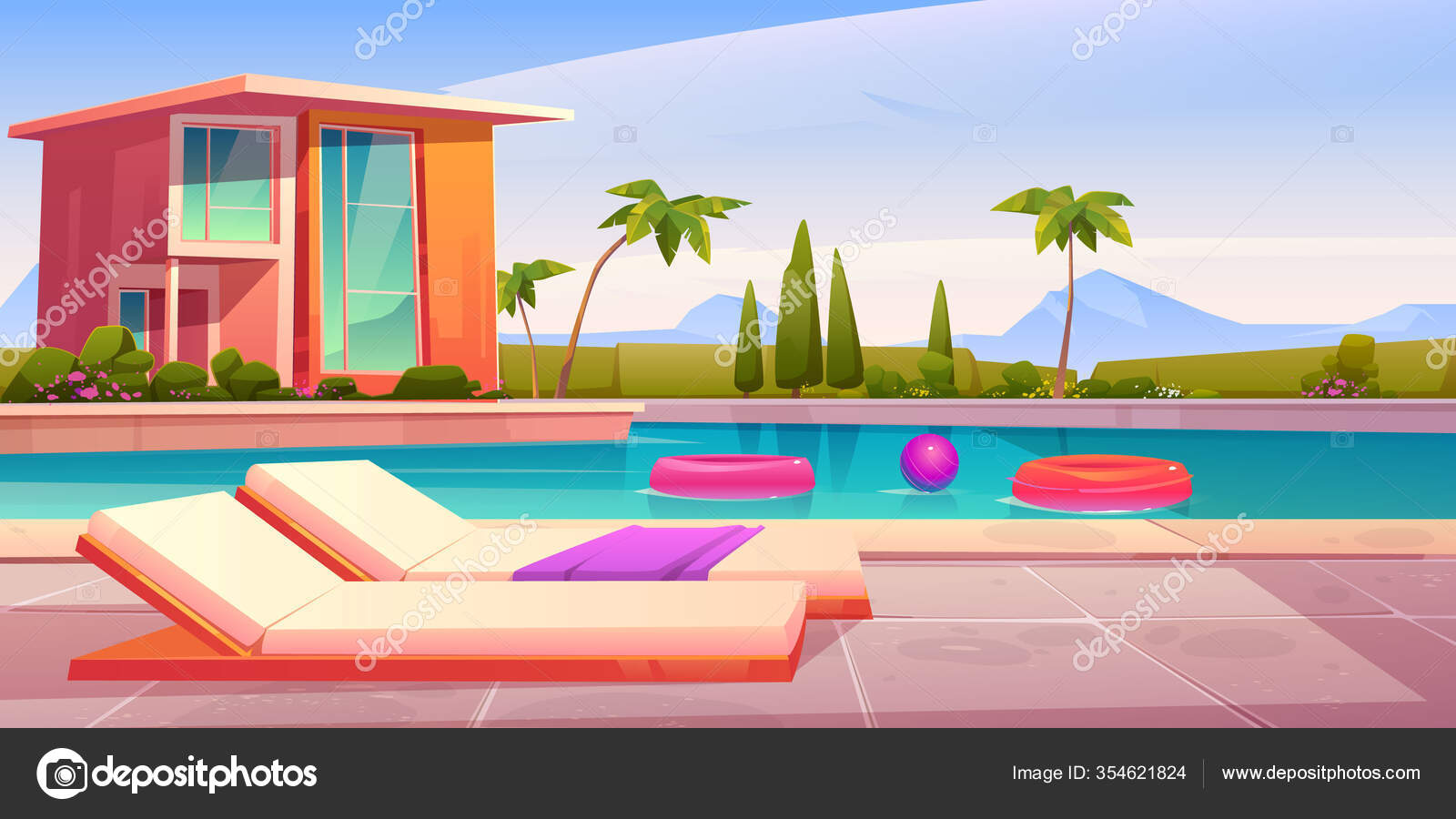 Casa y piscina con tumbonas — Vector de stock © klyaksun #354621824