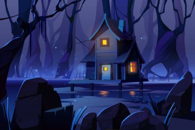 Ormandaki bataklıktaki ahşap mistik ev