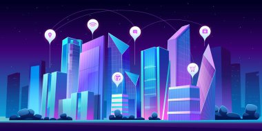 Akıllı şehir ve geceleri bilgi simgeleri