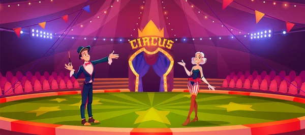 Zauberer mit Zauberstab und Frau in der Zirkusarena — Stockvektor