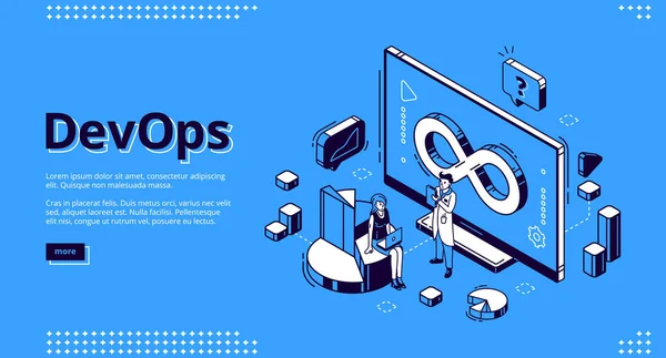 Devops isometrisches Banner, Entwicklung und Betrieb — Stockvektor