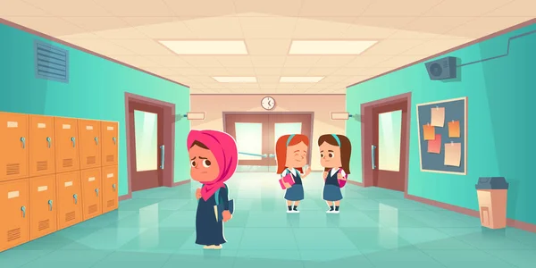 Sad lonely muslim girl in school hallway — Stock Vector