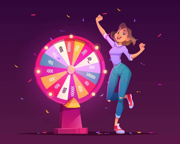 Wheel of fortune and lucky girl winner in casino — Stock Vector