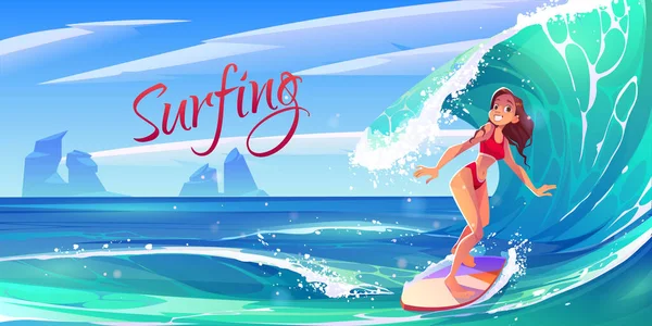 Jeune fille de surf chevauchant la vague océanique sur la bannière de bord — Image vectorielle