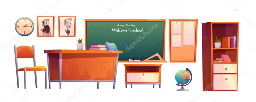 School classroom furniture cartoon set, chalkboard