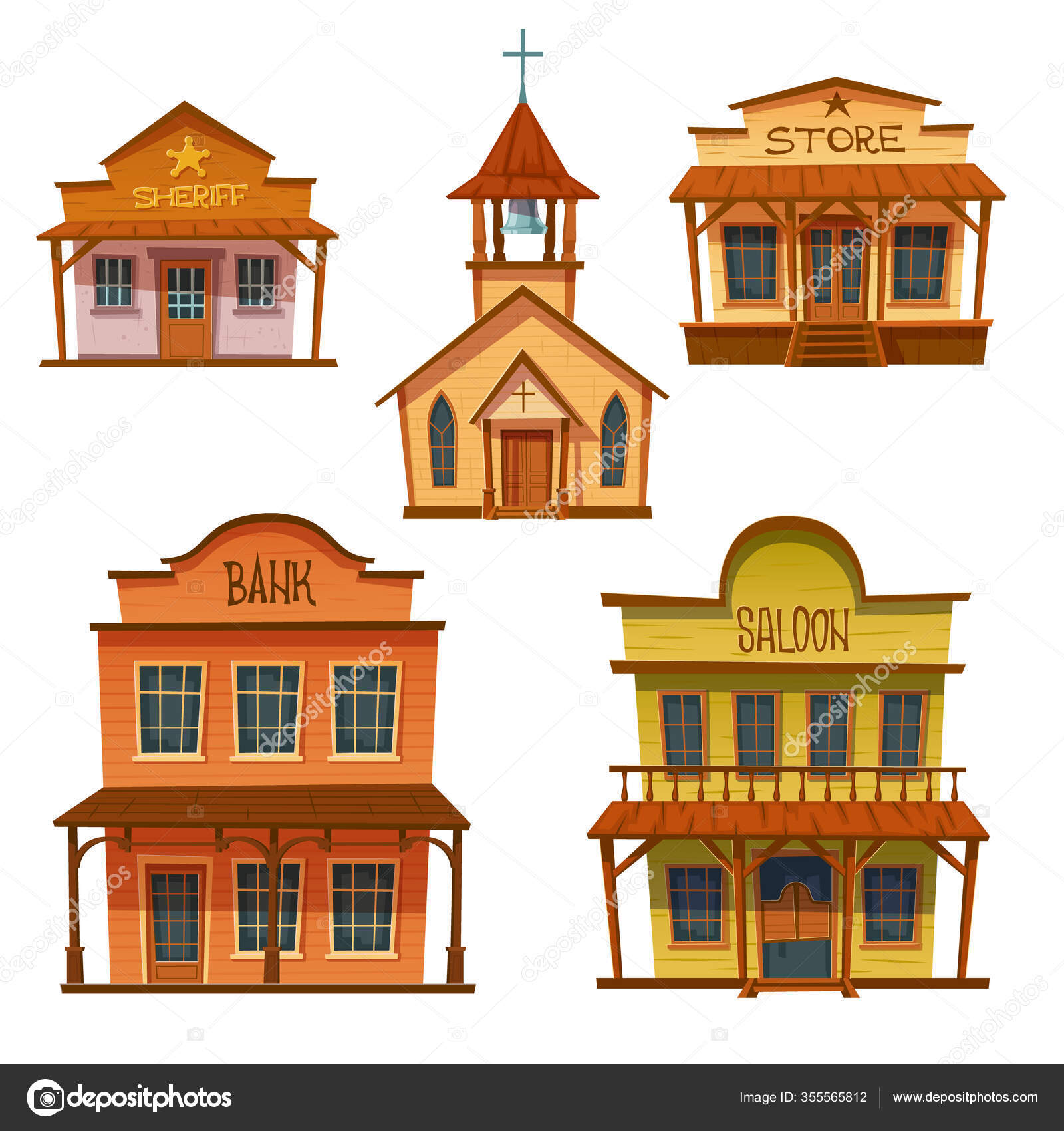 카우보이 스타일의 서부 빌딩 세트. 스톡 벡터 - ©klyaksun 355565812, image size:1600x1700