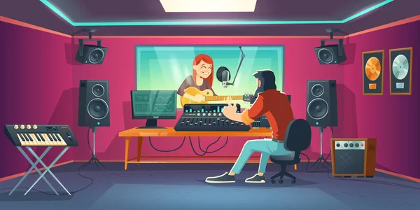 Cantante en estudio de grabación, mujer en cabina de artista — Vector de stock