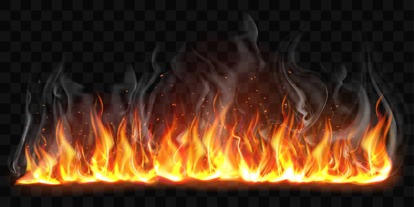 Vector realistic burning fire flames with smoke