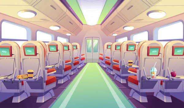 Sillas de autobús, tren o avión con mesas plegables — Vector de stock