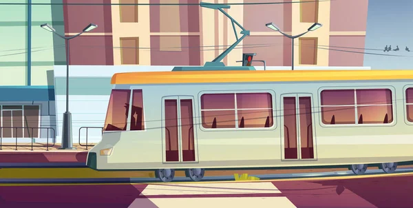 Трамвай їде на міській вулиці тролейбус з водієм — стоковий вектор