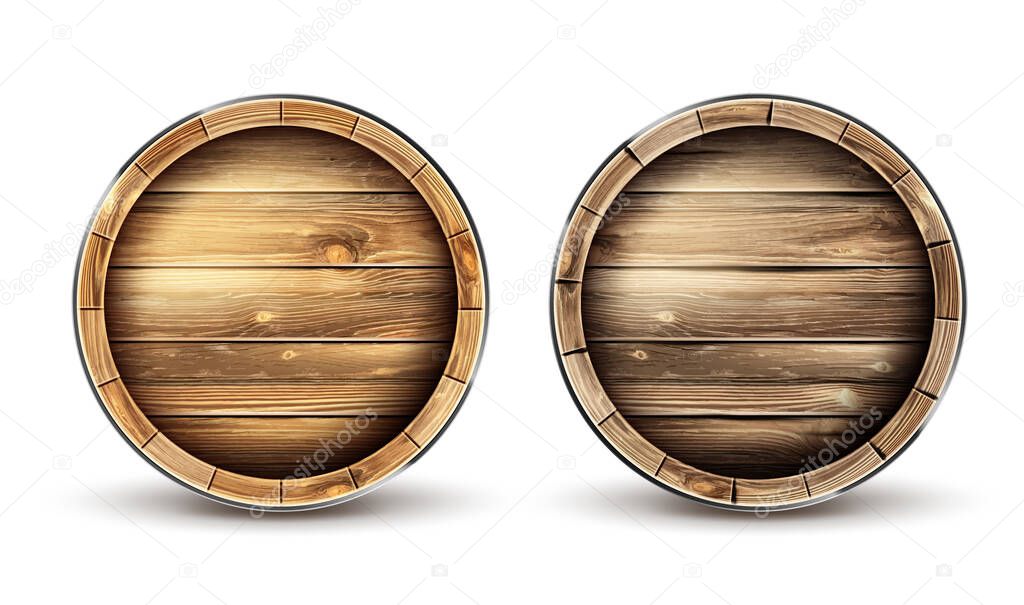 Wooden barrels for wine, beer or whiskey top view