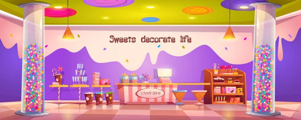 Tienda de dulces interior vacío con varios pasteles — Vector de stock
