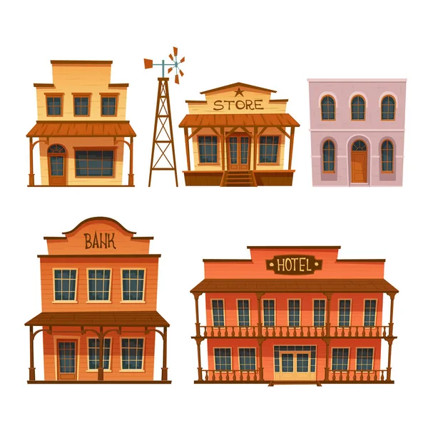 Wild west buildings set, cowboy style design. — Stock Vector