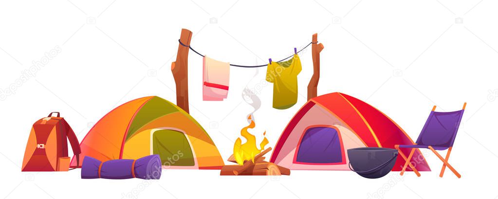 Camping and hiking equipment, tents and tools set