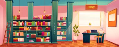 Raflarda kitap ve çalışma masası olan bir kütüphane.