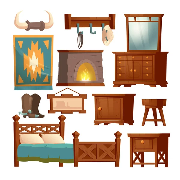Muebles de madera del dormitorio del vaquero en casa rural — Vector de stock