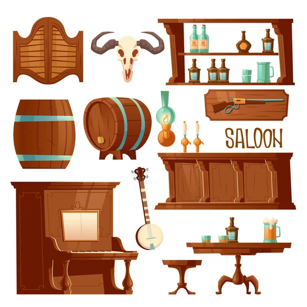 Cowboy saloon, western retro bar furniture set — Stock Vector