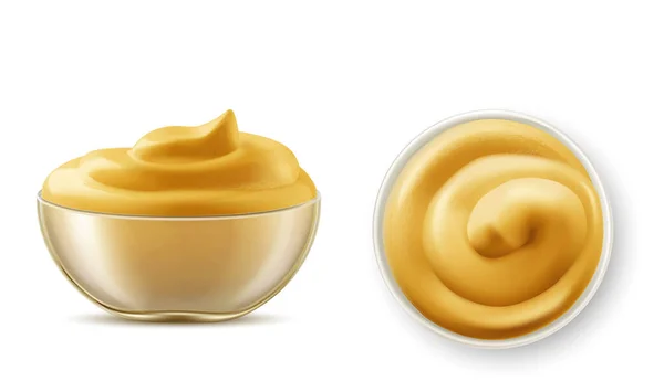 Sauce à la moutarde dans un bol vue du dessus et vue latérale — Image vectorielle