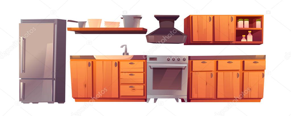 Kitchen restaurant appliances and furniture set.