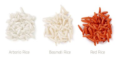 Pirinç yığınları, arborio, basmati ve kırmızı pirinç.