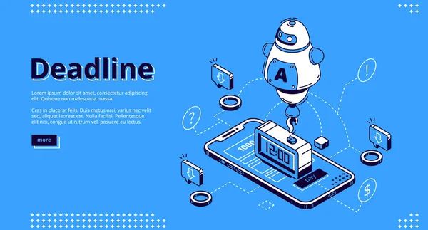 Deadline isometric landing page with mobile phone — Stock Vector