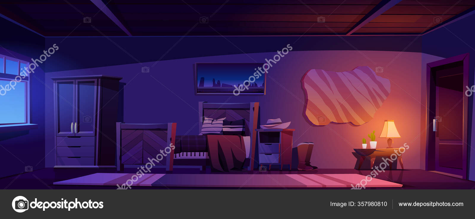 Dormitorio vaquero en casa rústica por la noche — Vector de stock