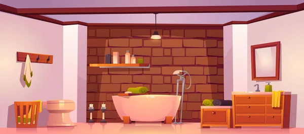 Banheiro em casa rústica com banheira e parede de tijolo — Vetor de Stock