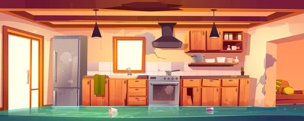 Sel basmış bir köy mutfağı, terk edilmiş bir iç mekan.