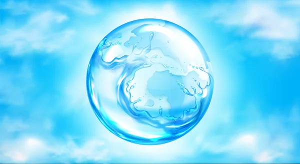 Esfera salpicante de agua sobre fondo de cielo azul — Vector de stock