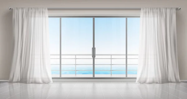 Chambre vide avec porte vitrée sur balcon et rideaux — Image vectorielle